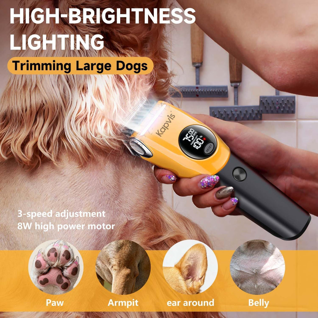 Kapvis dog clippers for grooming thick hair showcasing the built-in precision LED light illuminating the blade.