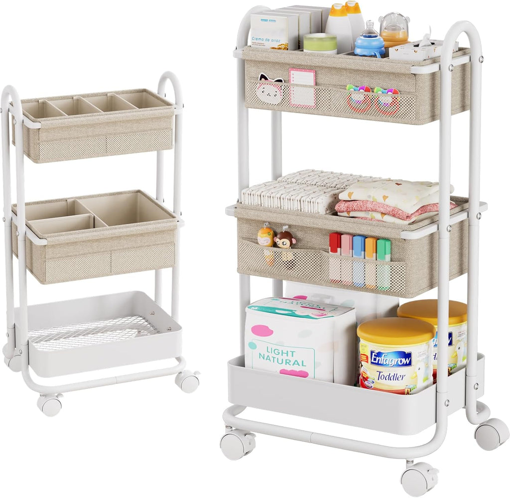 Modanais baby diaper caddy organizer cart front view showing three tier off white storage spaces filled with nursery essentials.