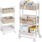 Modanais baby diaper caddy organizer cart front view showing three tier off white storage spaces filled with nursery essentials.