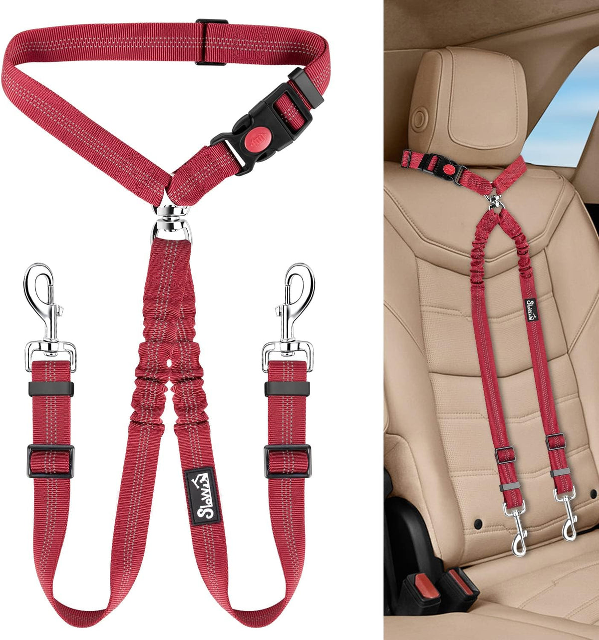 Lukovee Double Dog Seat Belt, New Dual Pet Car Headrest Restraint Safety Seatbelt No Tangle Dog Leash Duty Adjust Elastic Bungee Puppy Lead Splitter Connect Harness in Vehicle Travel for 2 Dogs,Black - Image 14