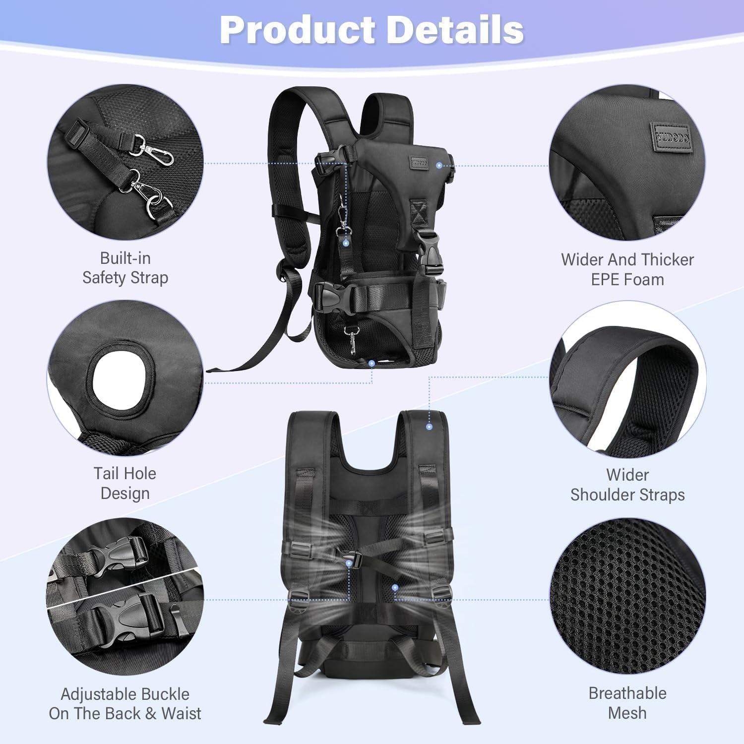 YUDODO medium black travel dog carrier with adjustable straps for hiking