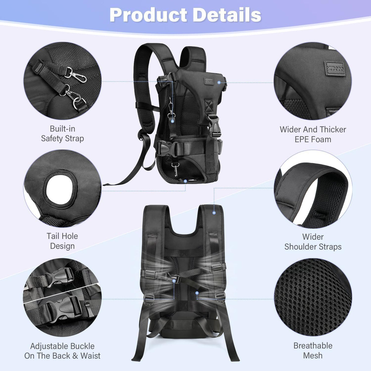 YUDODO medium black travel dog carrier with adjustable straps for hiking