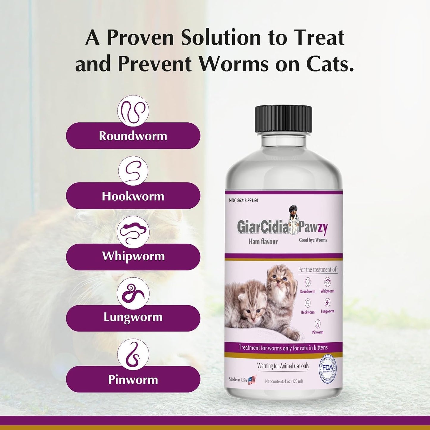 USA imported feline deworming liquid oral suspension close up