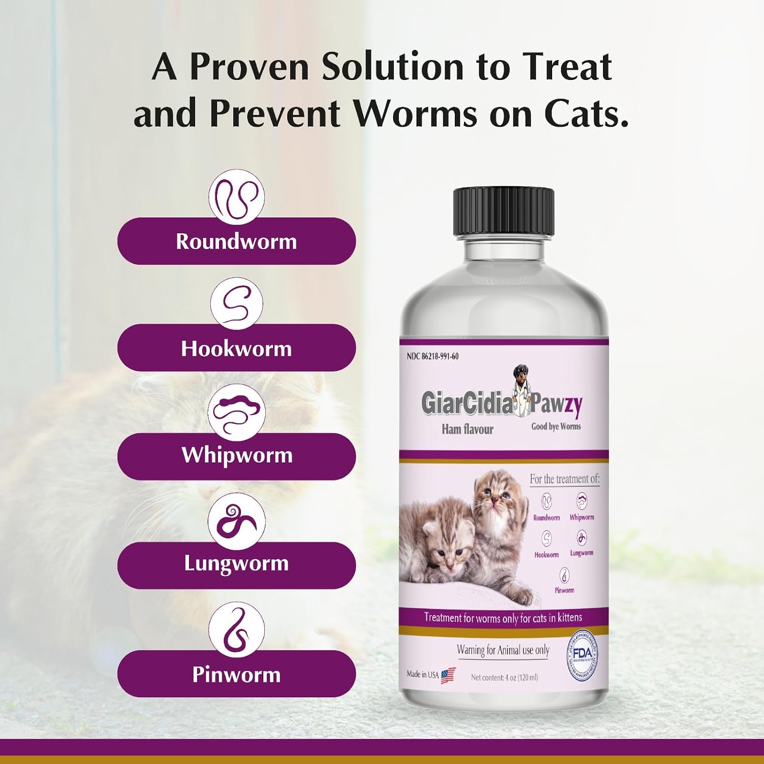 USA imported feline deworming liquid oral suspension close up