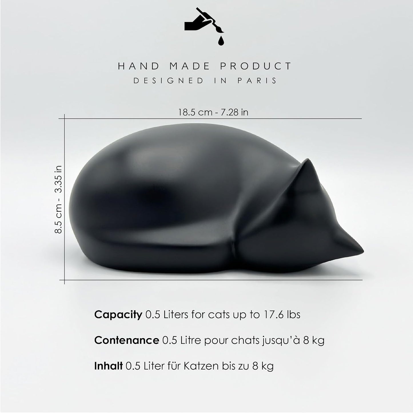 Comemori handcrafted resin cat statue memorial showing sixteen ounce capacity dimensions