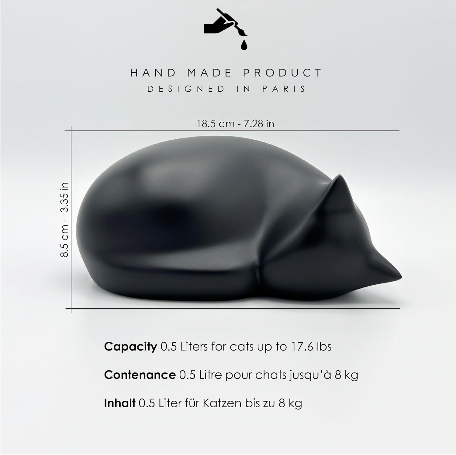 Comemori handcrafted resin cat statue memorial showing sixteen ounce capacity dimensions