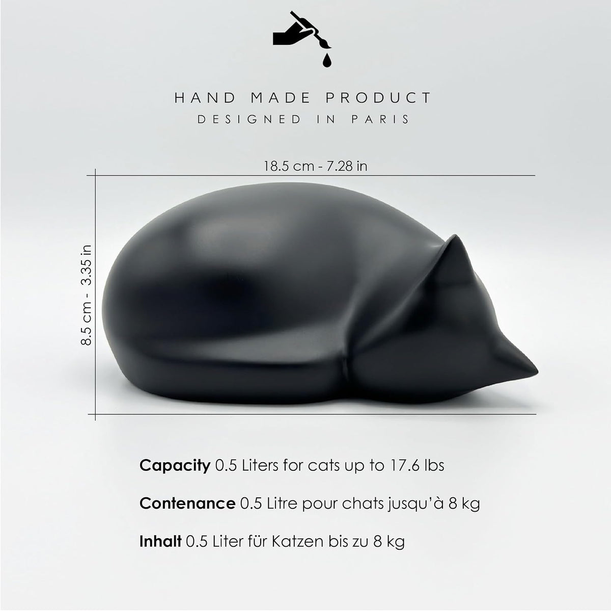 Comemori handcrafted resin cat statue memorial showing sixteen ounce capacity dimensions