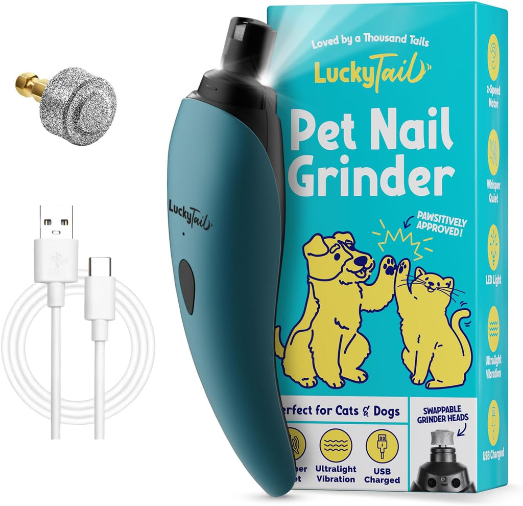 LuckyTail Pet Nail Grinder front view showing teal ergonomic body and dual LED lights for safe pet grooming.
