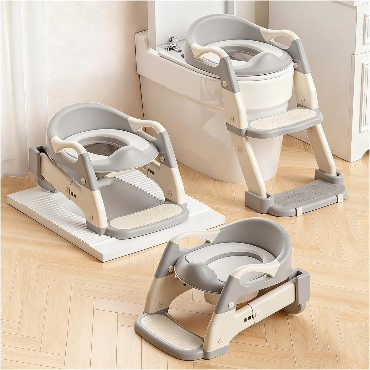 Snugzy 3-in-1 toddler potty training seat front view showing grey cushion and adjustable ladder steps