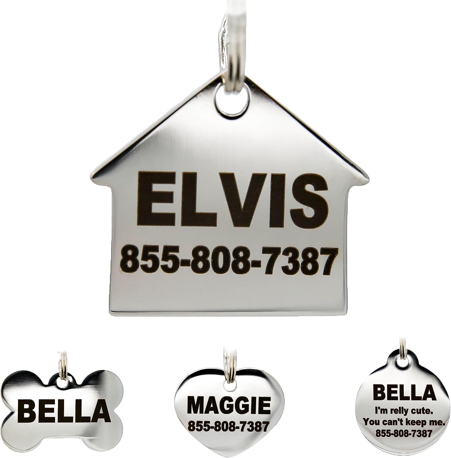 Stainless Steel Pet ID Tags - Engraved Personalized Dog Tags, Cat Tags Front & Back up to 8 Lines of Text - Bone, Round, Heart, Flower, Badge, House, Star, Rectangle, Bow Tie - Image 12