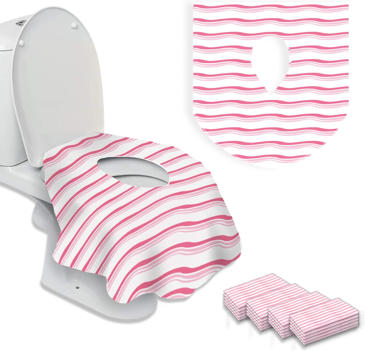 AlfaDeal extra large disposable toilet seat covers packaging front view showing pink waves design travel essential
