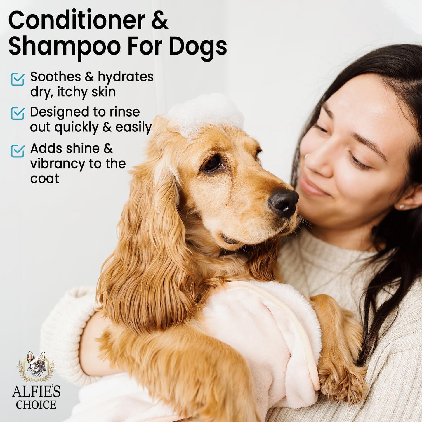 Alfie's Choice anti itch dog shampoo bottle highlighting lavender and rosemary ingredients.