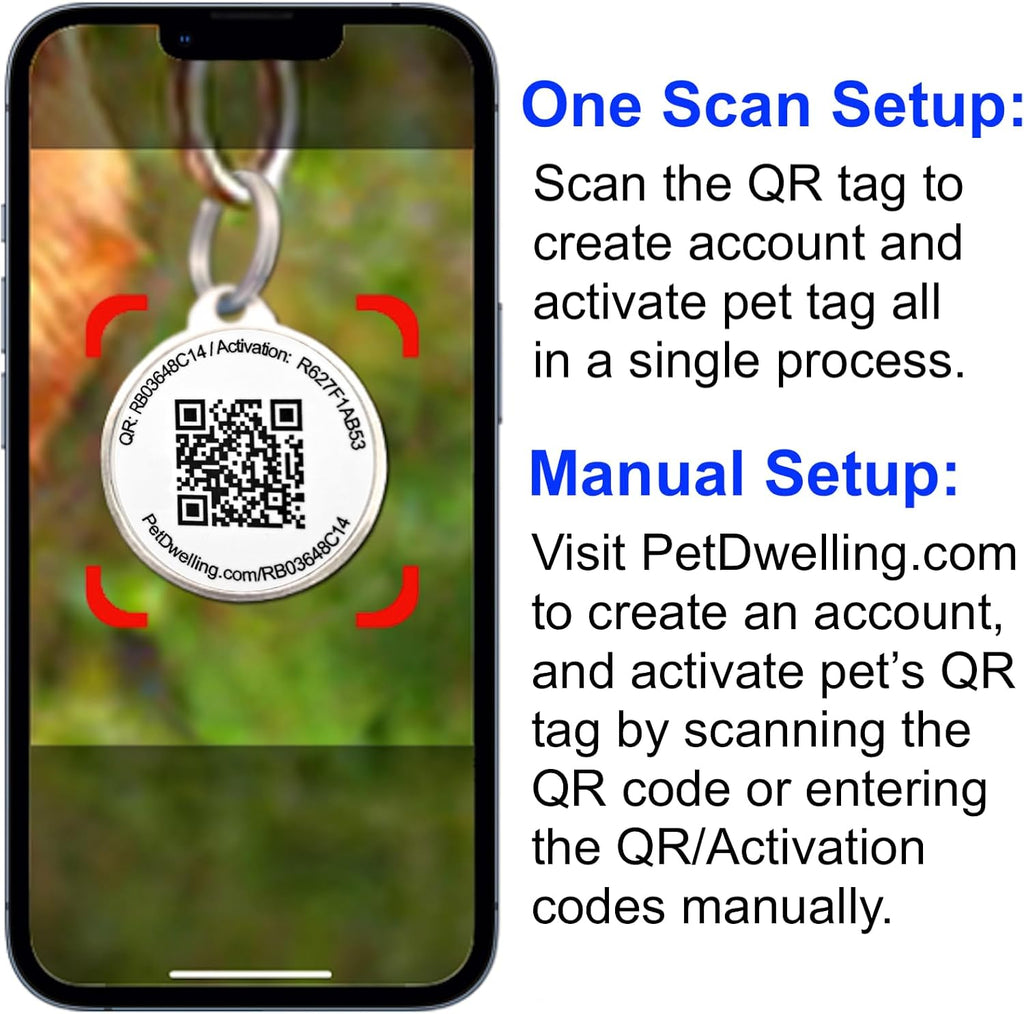 Smartphone scanning a digital pet identification tag to open the online personalized pet profile.