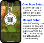 Smartphone scanning a digital pet identification tag to open the online personalized pet profile.