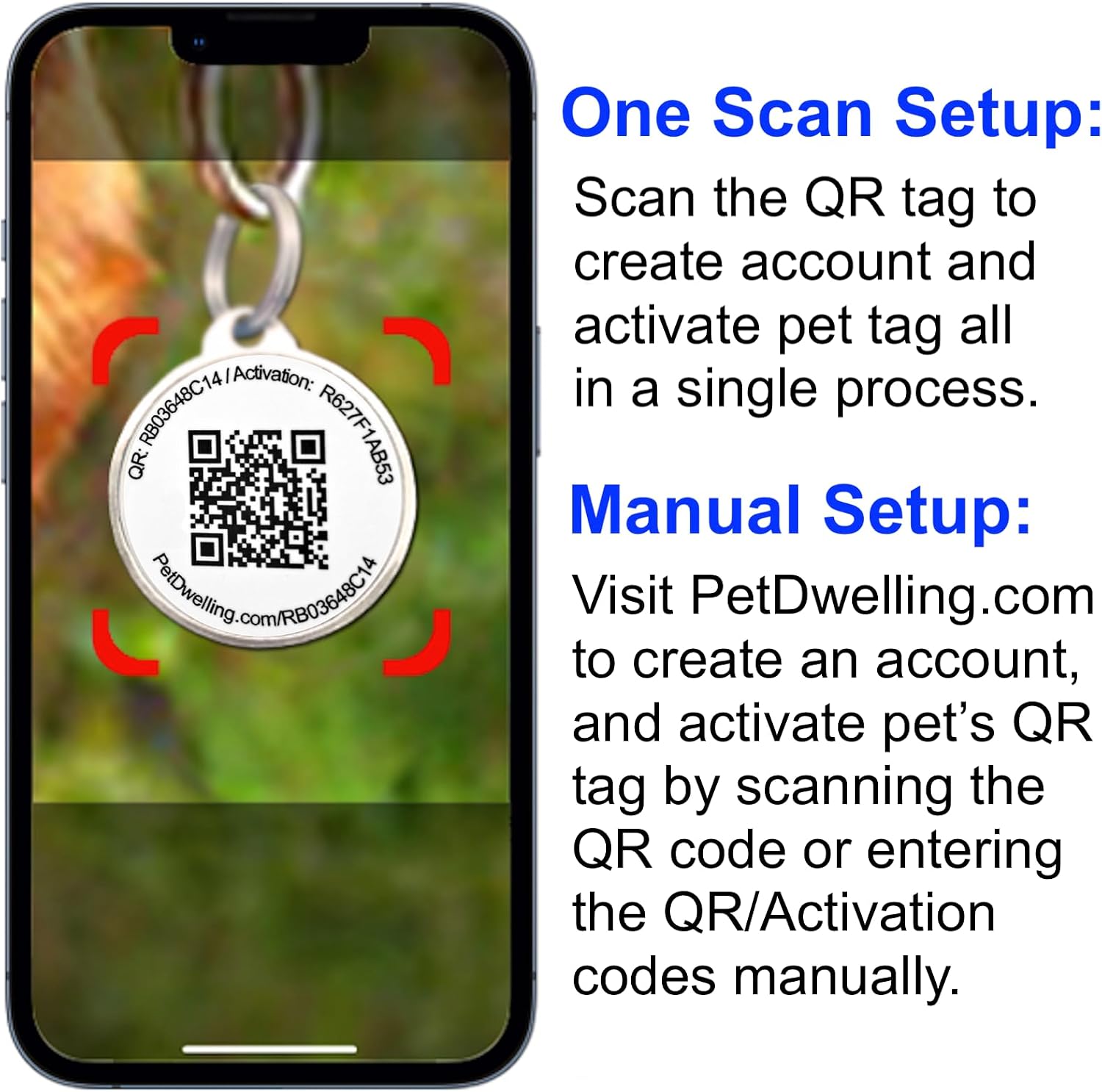 Smartphone scanning a digital pet identification tag to open the online personalized pet profile.