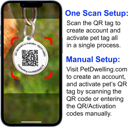 Smartphone scanning a digital pet identification tag to open the online personalized pet profile.