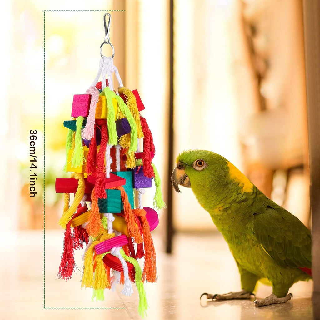 Rypet wooden block bird toy closeup showing cotton rope knots