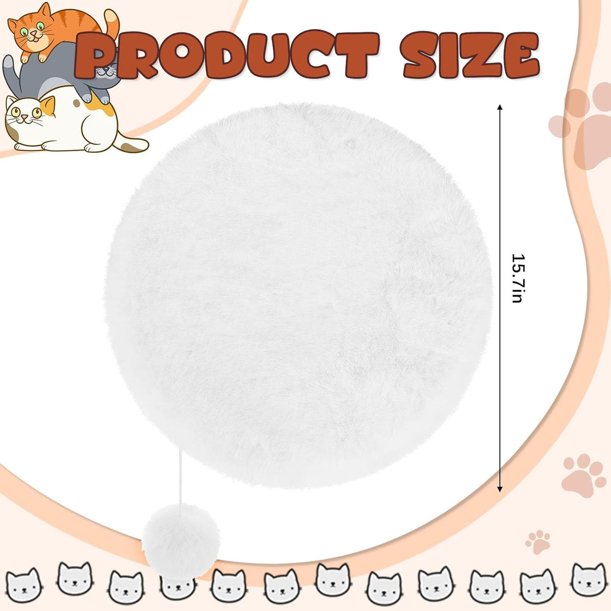 White round plush pet cushion with attached toy ball