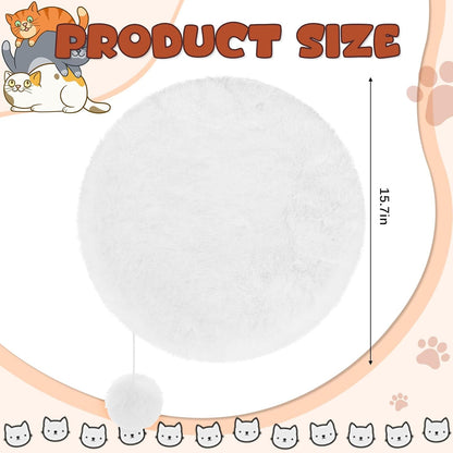 White round plush pet cushion with attached toy ball