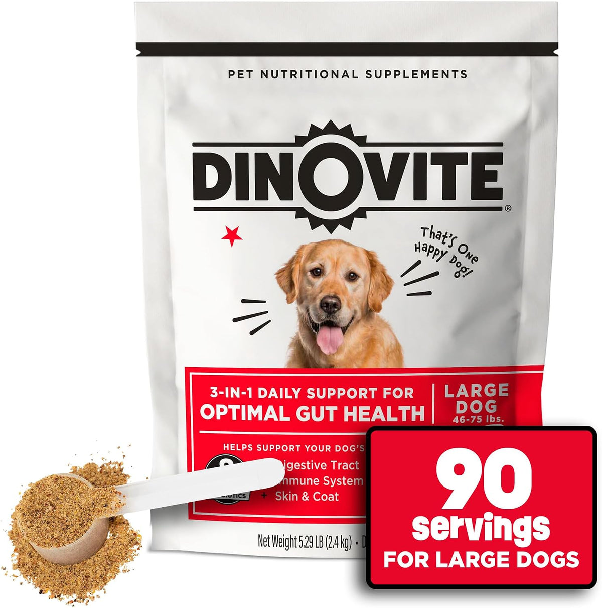 Dinovite Probiotics for Dogs front packaging view of the 3-in-1 nutritional powder food topper for large breeds.