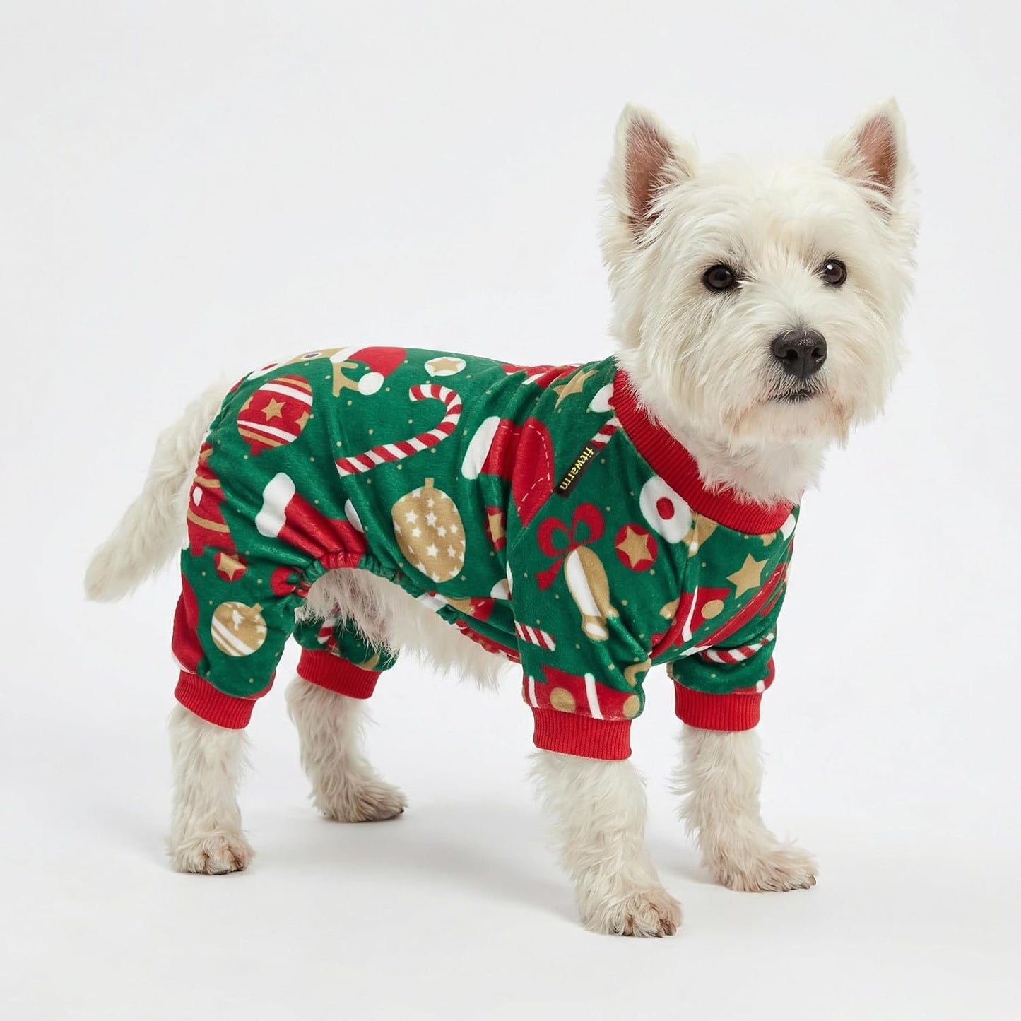 Close up of Fitwarm holiday pajamas showing gold polka dot details