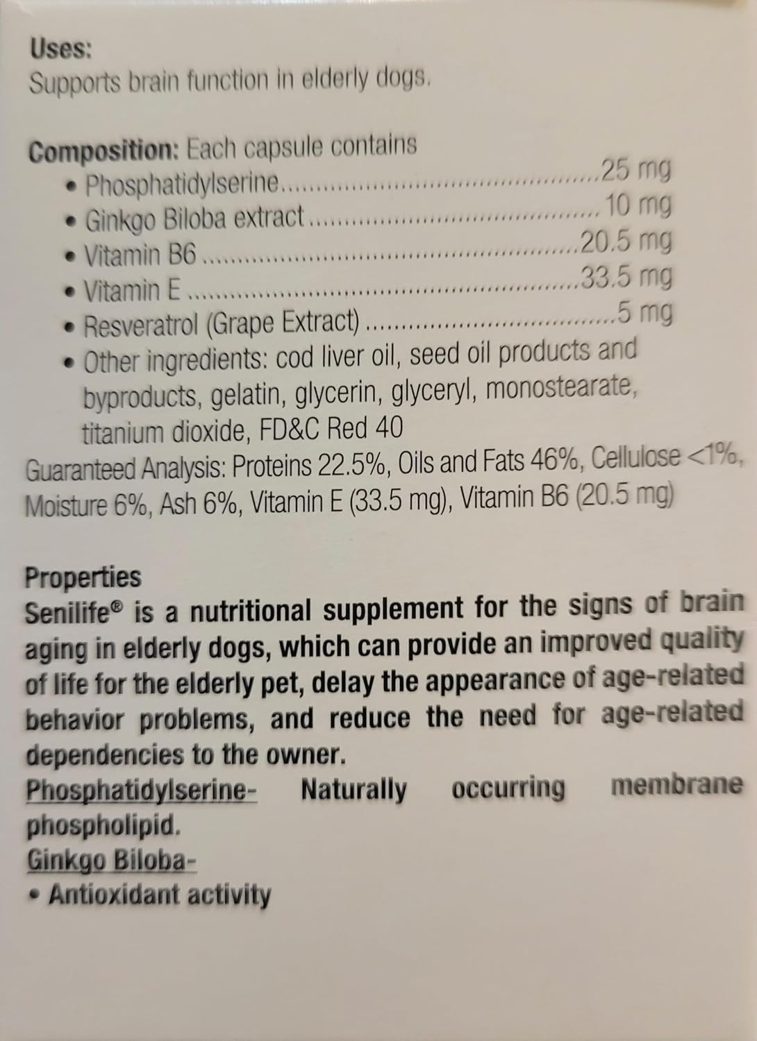 Side view of Ceva Senilife bottle showing nutritional details