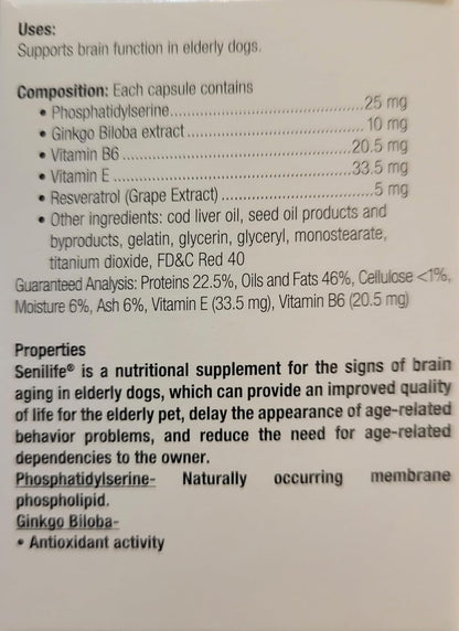 Side view of Ceva Senilife bottle showing nutritional details
