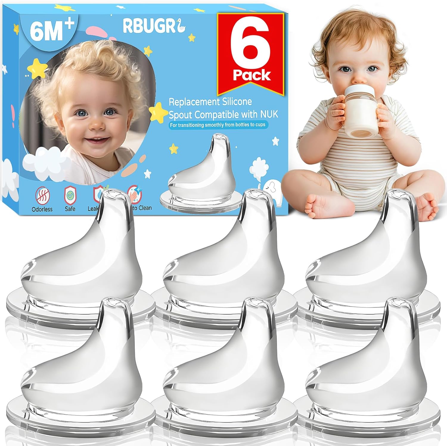 RBUGR replacement silicone spout front view showing the soft clear sippy cup nipple design.