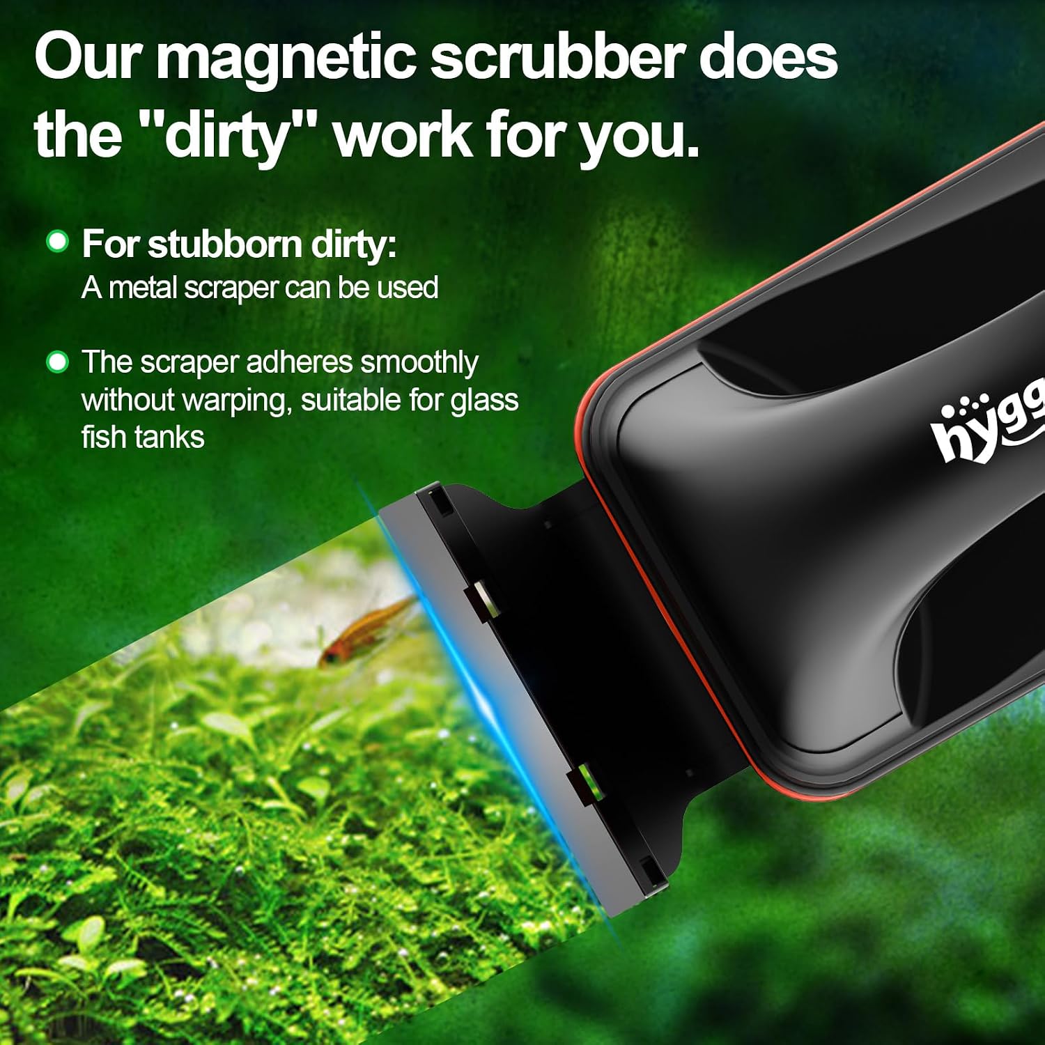 Hygger dual blade algae scraper showing the interchangeable stainless steel and plastic blades