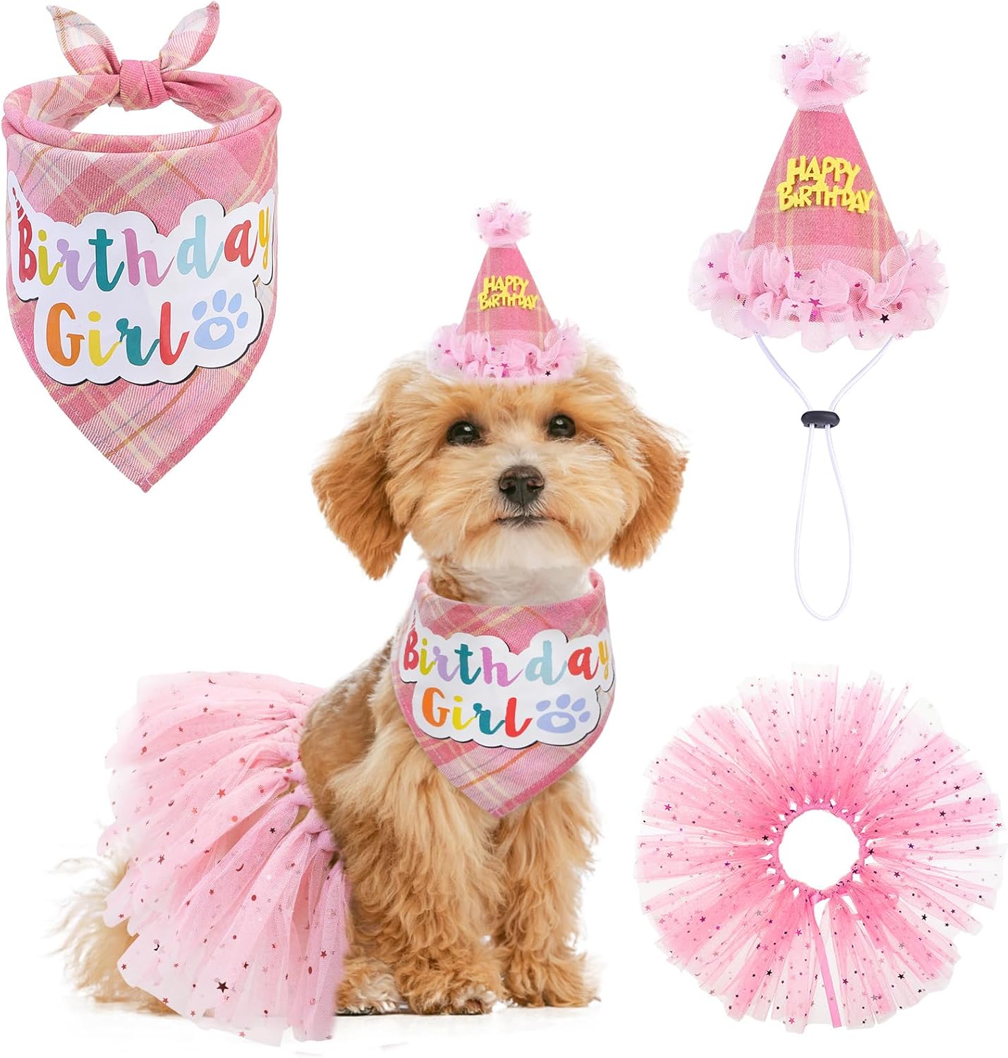 SCENEREAL Dog Birthday Bandana with Hat and Dress Girl Set, Puppy Birthday Party Supplies, Cute Pink Tutu Skirt Outfit for Small Medium Large Dogs - Image 15