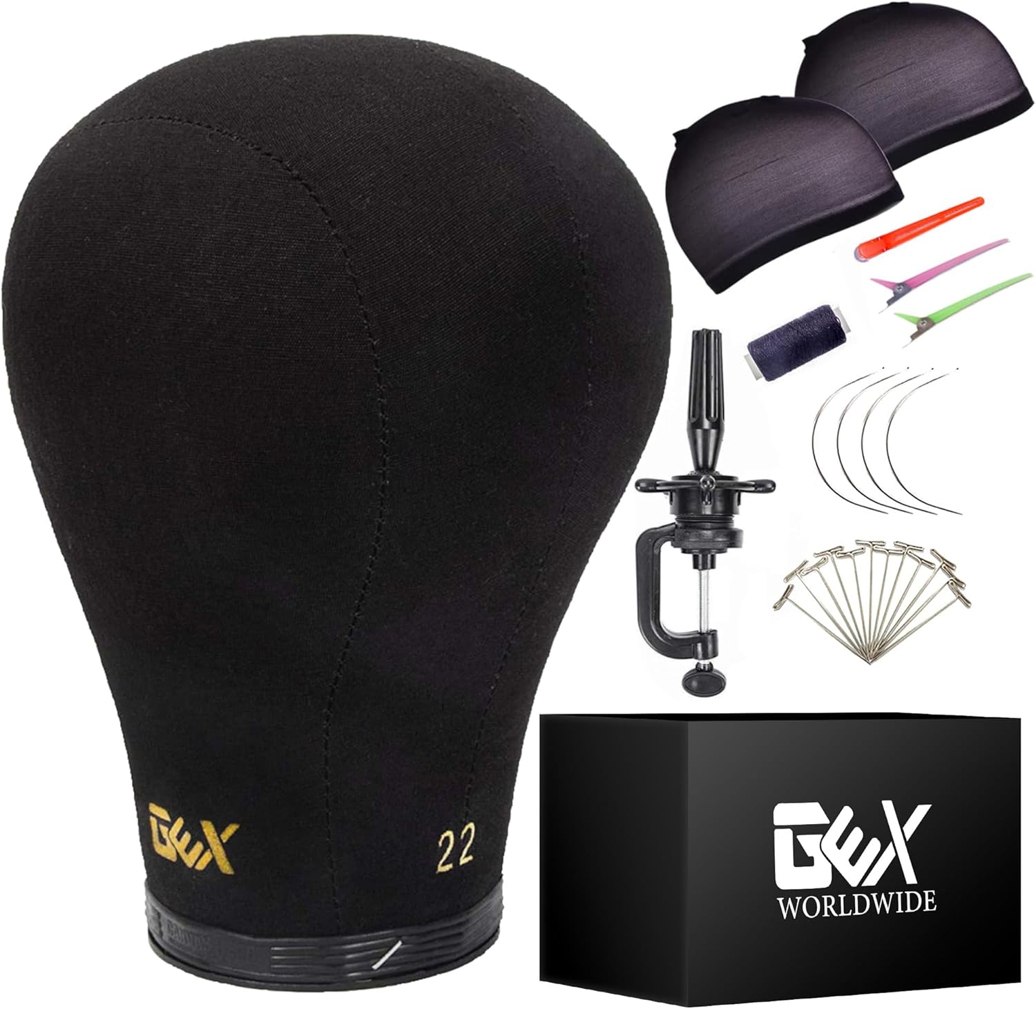 GEX canvas cork wig mannequin head black twenty-two inch front view professional styling tool
