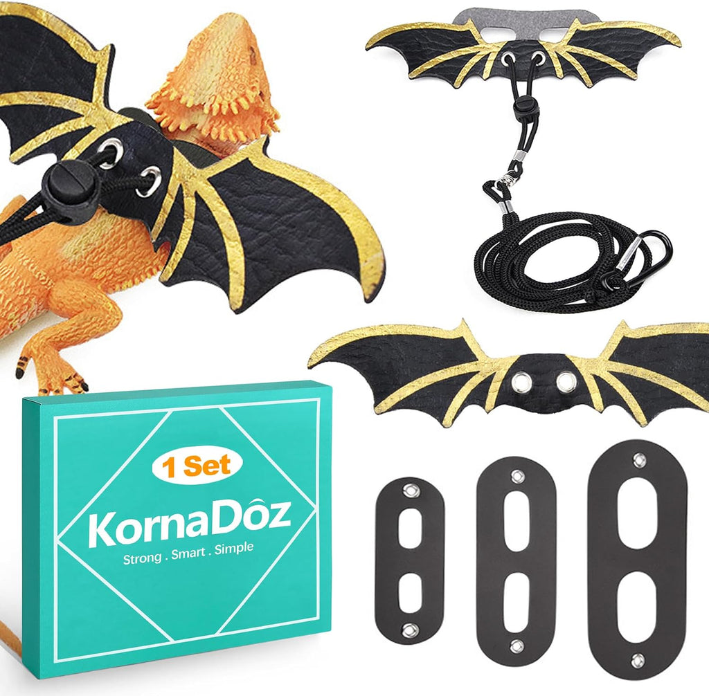 KornaDoz bearded dragon harness and leash set front view with black bat wings
