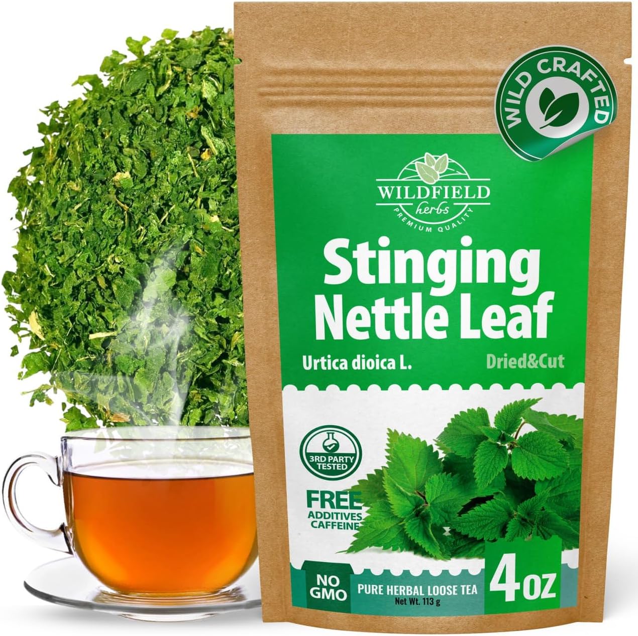 Wildfield Herbs Dried Stinging Nettle Leaf Tea front view pouch on a white background