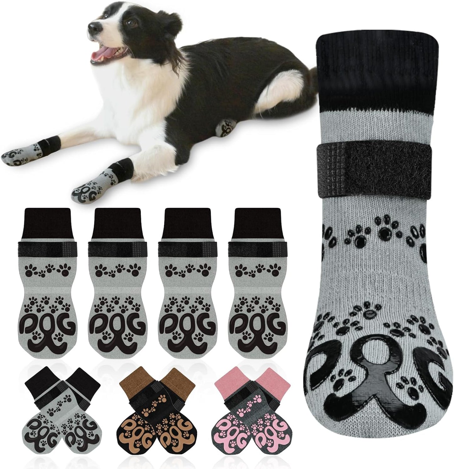 Dog Socks for Hardwood Floors Anti Slip - Double Side Dogs Booties to Prevent Licking, Hot Pavement Paw Protectors, No Twist Dog Grippy Socks for Senior Dogs, Light Grey and Black, L - Image 1