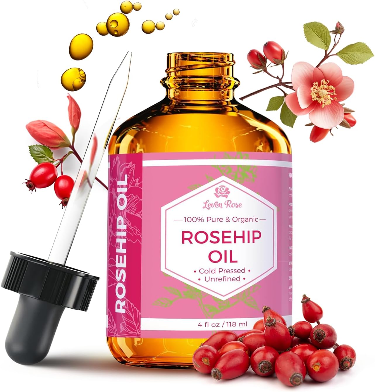 Leven Rose Rosehip Seed Oil four fluid ounce bottle front view for facial hydration