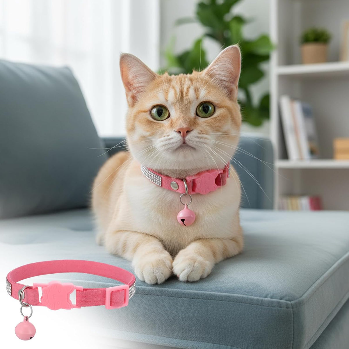 Removable silver identification chime bell attached to the pink pet accessory.