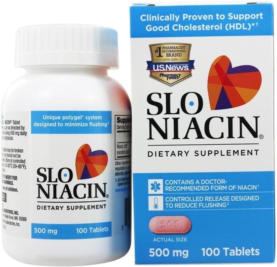 Slo-Niacin Vitamin B3 500 mg slow release heart wellness supplement front view.