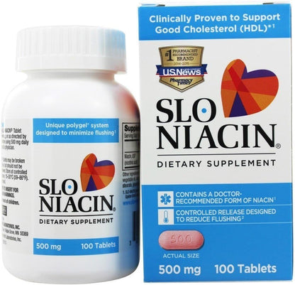 Slo-Niacin Vitamin B3 500 mg slow release heart wellness supplement front view.