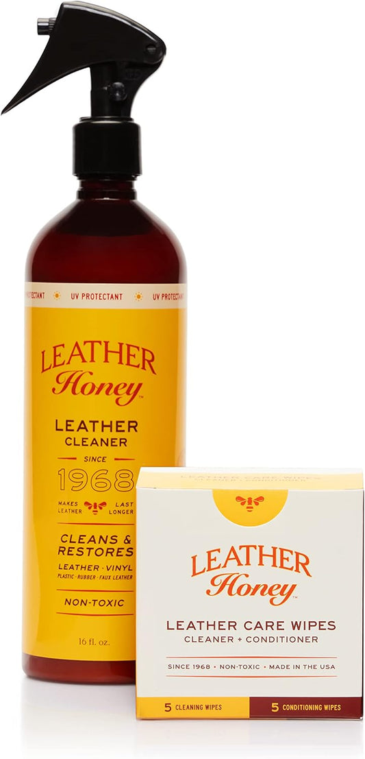 Leather Honey Combo Wipes and 16 Ounce Spray Cleaner front view premium leather care kit