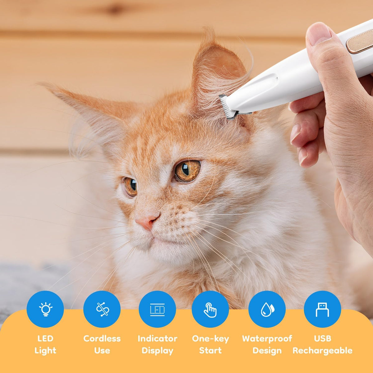 Mcbazel cordless pet paw hair trimmer showing illuminated LED light on the narrow safety blade