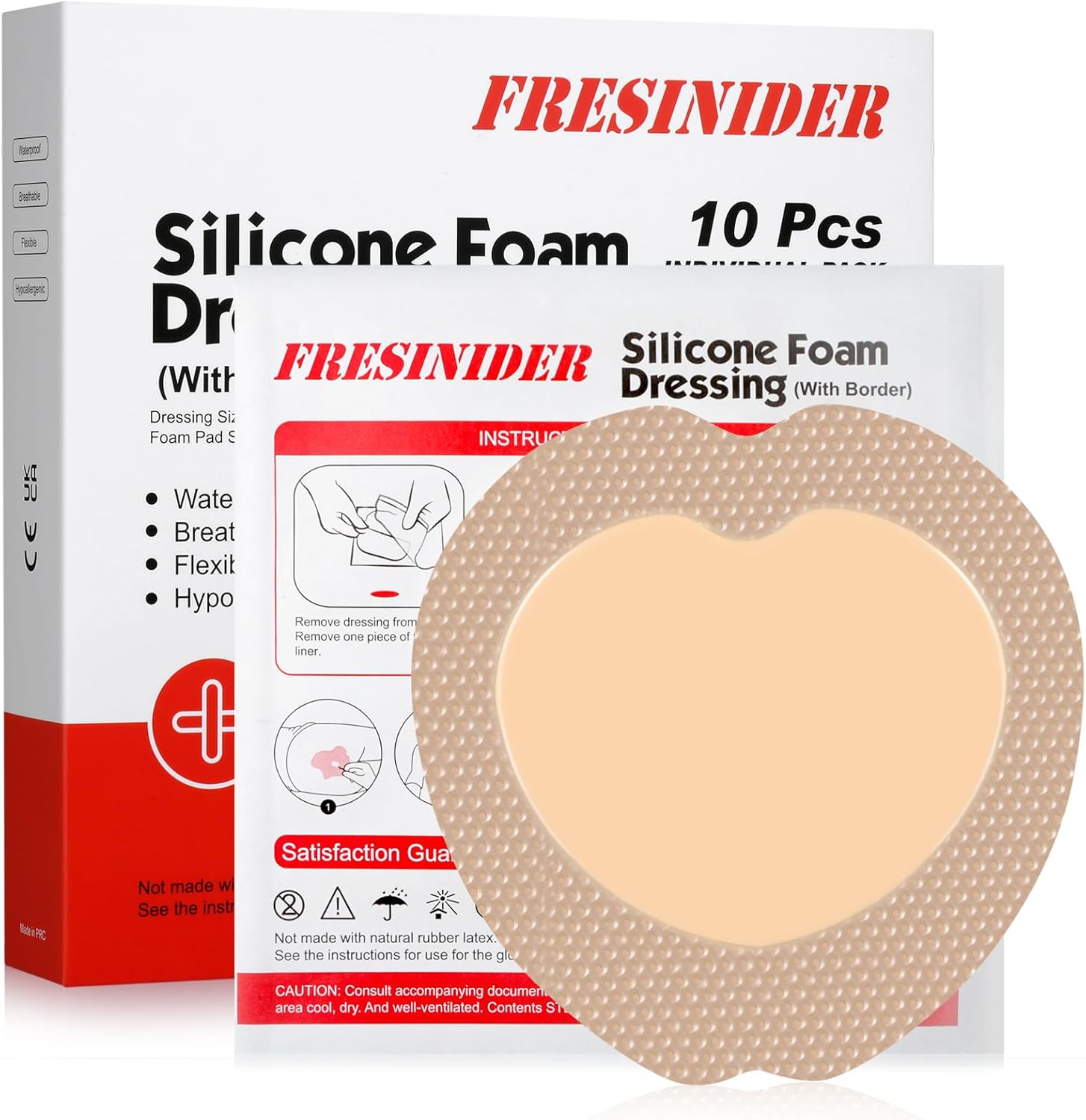 FRESINIDER Sacral Silicone Foam Dressing front view showing the 5 layer adhesive border packaging