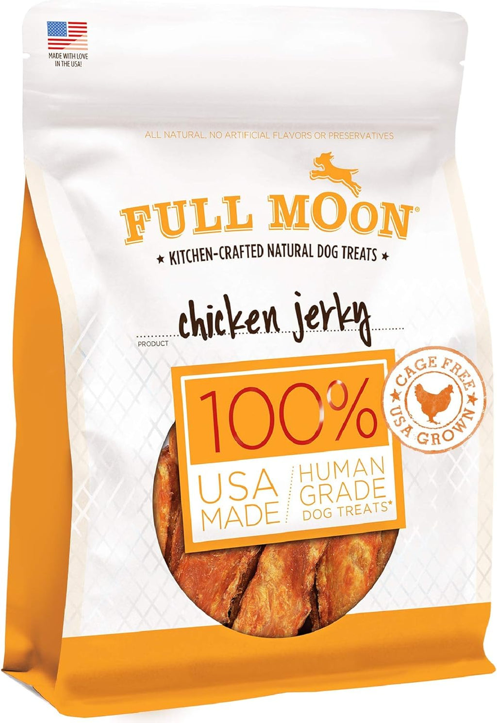 Back of Full Moon chicken jerky package with ingredients