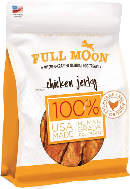Back of Full Moon chicken jerky package with ingredients