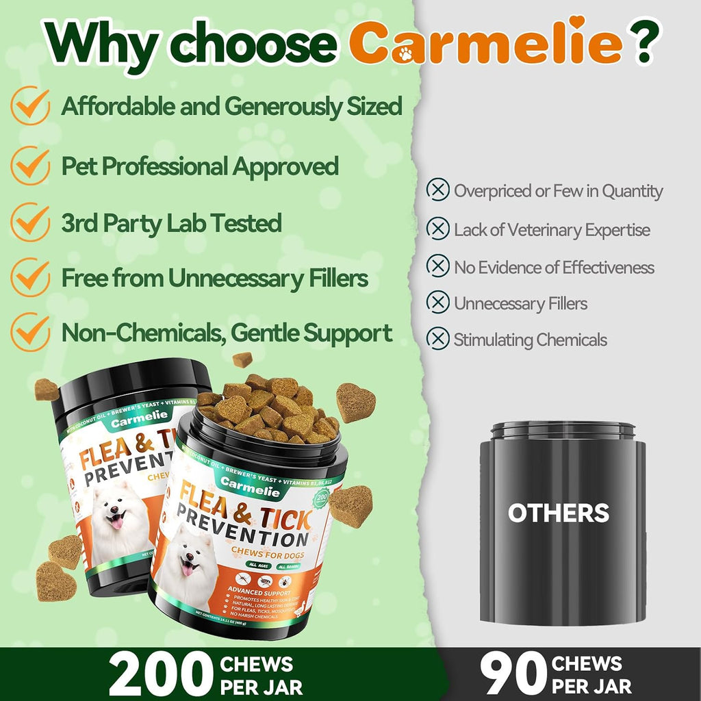 Side view of Carmelie dog flea supplement indicating weight-based feeding instructions and directions.