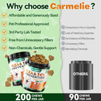 Side view of Carmelie dog flea supplement indicating weight-based feeding instructions and directions.