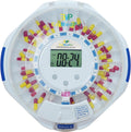 EziMedPil automatic pill dispenser front view showing clear lid and digital display screen