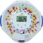 EziMedPil automatic pill dispenser front view showing clear lid and digital display screen