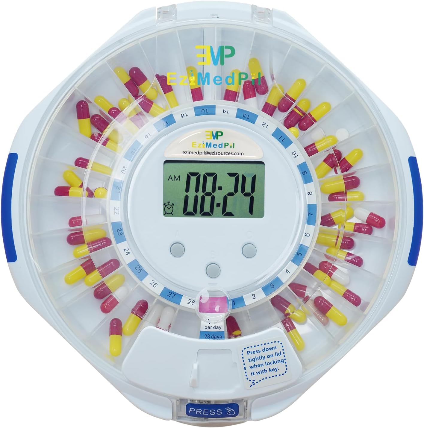 EziMedPil automatic pill dispenser front view showing clear lid and digital display screen