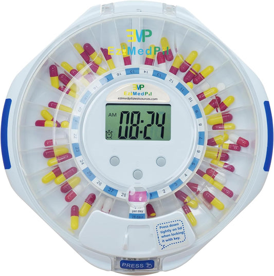 EziMedPil automatic pill dispenser front view showing clear lid and digital display screen