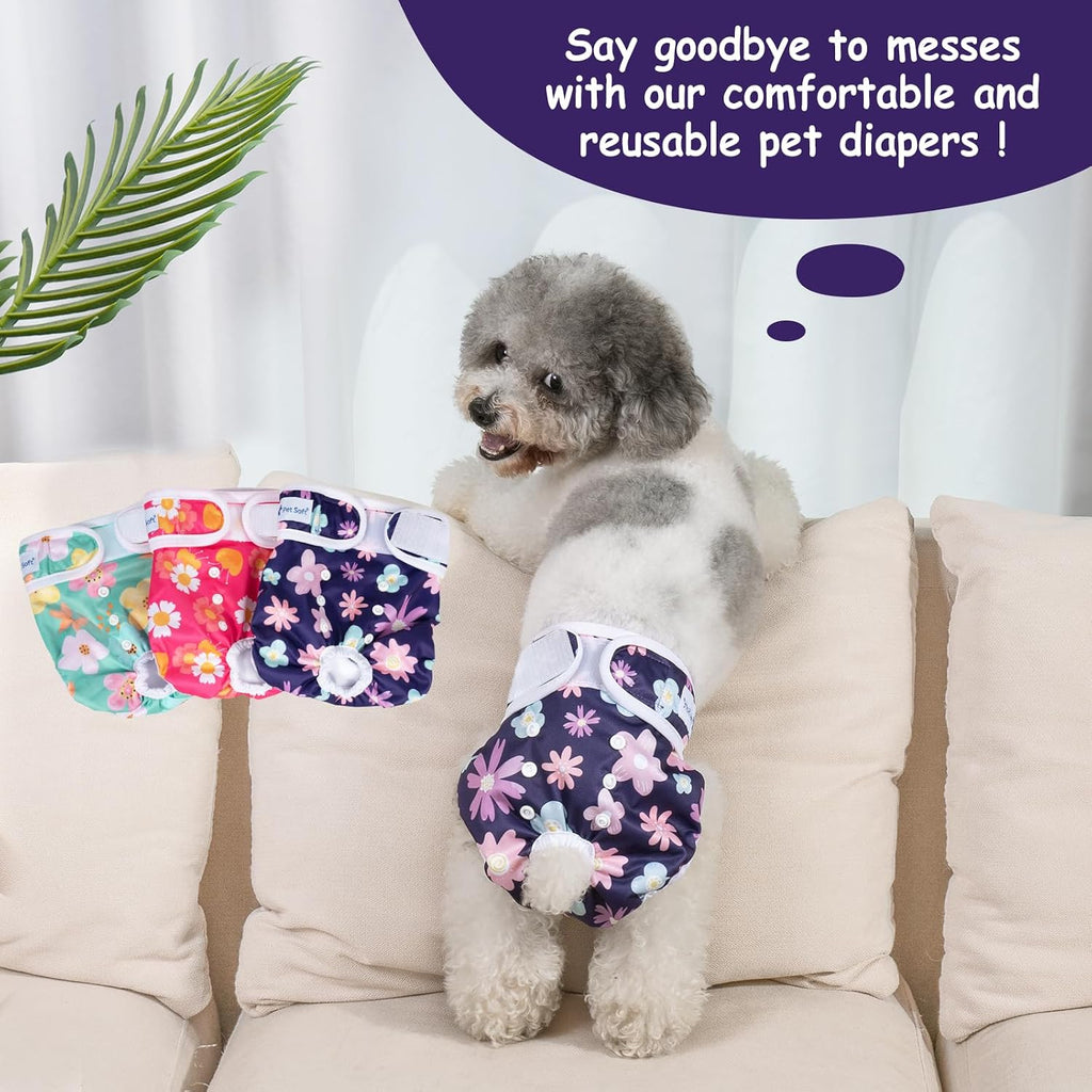 Pet Soft washable female dog diapers packaging layout showcasing three designs.